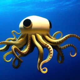 A giant, robotic octopus playing a grand piano in the middle of an ocean.