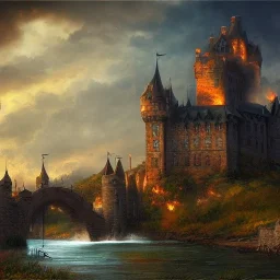 Portrait of a huge castle near a river, oil painting, symmetrical, architecture, medieval, on fire, superrealistic, dark colors, HD, 4K