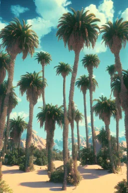 1980's aesthetic vaporwave palm trees with lighting with shiny chrome triangle in the desert sand