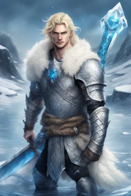 1 anime man. warrior, with blue eyes and blonde hair man in silver Viking armor with fur around the neck with blue crystal on his chest, standing in water in the artic, holding a ice axe, warrior in anime style,