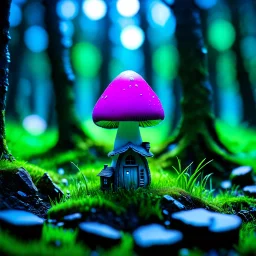 "Close up of a wonderful tiny Mushroom Tower home. Magenta and green with bright white, deep black and contrasting tones of gray magenta and violet colors. Illuminated bioluminescent forest. Professional painter, master at composition. small but detailed. broken, blurred background, voluminous lighting"