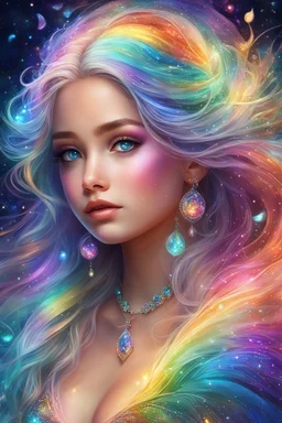 Adorable digital painting style. Pastel hues adorn her every trace, A rainbow girl with a shimmering embrace, Her eyes, glistening with dreams and grace, A vision of magic, lighting up any space. highly detailed, beautiful detailed digital art, beautiful artwork, very beautiful fantasy art, beautiful fantasy painting, digital art, dream, high quality, 4k