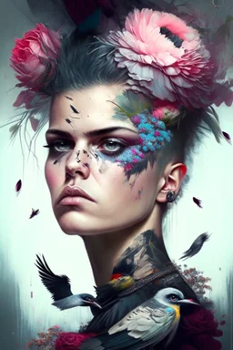 portrait Punk, Angel, portrait of a woman, flowers, birds