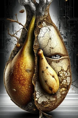 Grunge, woman as a decaying dried out Pear intricately showing its internal structure and seeds, cyberpunk, ultra unique natural textures, slight imperfections, vray.