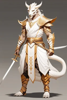 Full Body, White Dragonborn, Monk, Fighter Pose, White and Gold outfit colour theme,