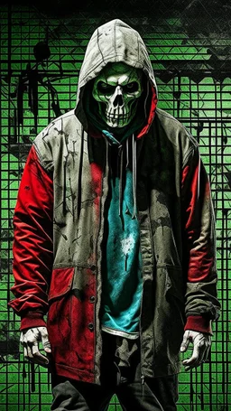 Create an ultra-wide photo of a decrepit zombie wearing an Adidas coat and hood, set against an abstract background. The overall style of the image should be a minimalist fashion with an Artgem twist. The zombie should be rendered in a decrepit and cadaveric style, with a focus on creating a sense of horror and decay. The Adidas coat and hood should be rendered in high detail, with a focus on capturing the texture and style of the clothing. The background of the image should be an abstract desig