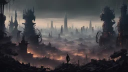 dark cyberpunk fantasy wide view of city in distance with piles of robots an scrap