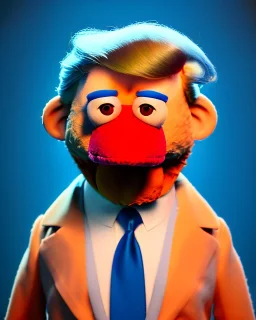 Waist up Portrait, Donald trump muppet, Sesame Street style, retro style, photo studio, soft color, blue background, unreal engine 5, ray tracing, RTX, lumen lighting, ultra detail, volumetric lighting, 3d.