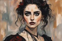 Painting of Penelope Cruz as a Goth vampire girl, in the Expressionist style of Egon Schiele, Oskar Kokoschka, and Franz Marc, in muted natural colors