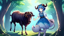 Girl, blue hair, goat horns, goat tail, clearing in forest, goat foot.