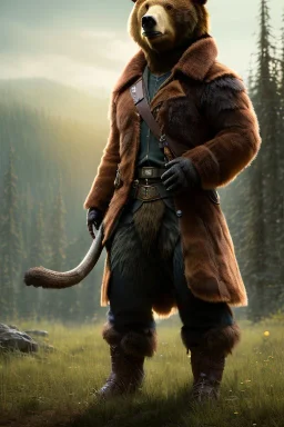 Druid character, young man, bear ears, brown hair, long hair, wild hair, yellow eyes, scars on body, animal hide armor, waist up portrait, 4k resolution, intricate details, ornate details, soft lighting, vibrant colors, retroanime, masterpiece, natural background, fae