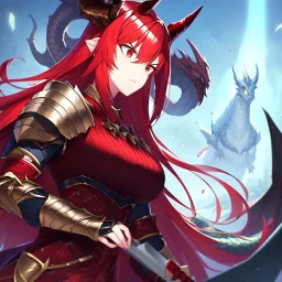 girl, masterpiece, best quality, volumetric lighting, detailed outfit, perfect eyes, long hair, red hair, red eyes, dragon girl, armored clothes, angry, looking down, dragon horn,