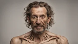 middle-aged man with endless body and tawny skin has skeletal limbs and oval face with hair in braid sunken eyes and mischievous nose, mouth has small lower lips with ducktail beard