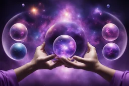 kundalini, connected to the universe, few colours of galaxy, holding galaxies in few hands in glass balls, purple colours, few more