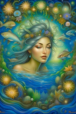 An enchanting art piece embodying the Pisces woman; wisps of ethereal mist enveloping her, representing her fluid nature; serene, introspective eyes reflecting her deep emotions; adorned with delicate water lilies and silver moon jewelry; immersed in a tranquil seascape, with fish and dolphins swimming alongside her; evoking a sense of serenity and connection to the depths of her soul; reminiscent of the artistic styles of Kinuko Y. Craft, Selina Fenech, and Nene Thomas