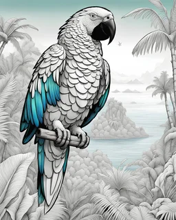 Digital art and coloring book illustration of an adventurous, treasure-hunting parrot on an enchanting island, with intricate details in the lush landscapes, employing subtle monochromatic-white lighting, vibrant island background, high-quality engaging elements, sketch-like black and white revolving around the theme of "Parrot's Secret Island Adventure", vibrant colors, intricate details, digital render, 8k, photorealistic