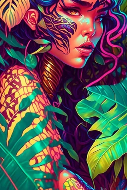 Tropic Viper Girl, Highly detailed, Vibrant colors, Sharp focus, art by mandie manzano and lois van baarle, tropical foliage in background, Fantasy, Intricate, Matte, trending on artstation.