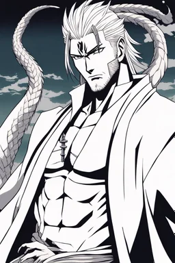A manga-style portrait of a 35-years old male Shinigami from Bleach, tall and muscular, with wild silver-gray hair, steel-colored eyes, and a scar across his left brow and cheek. He wears a tattered captain's haori of the 11th Division, open kimono revealing a dragon claw tattoo on his chest, and metallic claws on his forearms. He smirks defiantly, standing in a dynamic pose with silver reiatsu swirling around him.