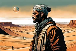 create a surreal full body 3/4 profile portrait illustration of a lost nomadic wanderer with highly detailed, sharply lined facial features in a shadowed canyon lands of oblivion in the comic art style of Enki Bilal, precisely drawn, boldly inked in arid desert colors