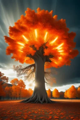 a tree in the fall that looks like a nuclear explosion with winds rushing outward, angelic fantastic lighting