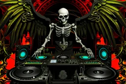 DJ of the damnded, insanely detailed DJ booth in hell, MID set, speakers and equipment made of bone, anatomically correct,