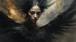 Dark and ethereal, the angel's black wings spread. Each wing carried with it an ancient story, a deep secret that hid in the shadows. cinematic detailed mysterious sharp focus high contrast dramatic volumetric lighting, :: mysterious and dark esoteric atmosphere :: digital matte painting by Jeremy Mann + Carne Griffiths + Leonid Afremov,, dramatic shading, detailed face