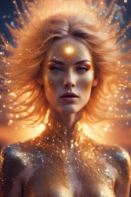 caucasian futuristic woman with glitter on her face, psychedelic interconnections, brilliant glow, overwhelming sparkle, intricate shimmering fabric, mystical surrealism, her luminous, hair overflowing with sparkling crystals, basking in a golden sunset glow, by Artgerm and Patrick Demarchelier, fiery aura, cinematic film still shallow depth of field, highly detailed, high budget, bokeh, moody, epic gorgeous reflection