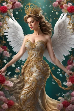 Photography realistic Beautiful Queen Angel wearing a magical gown of swirly flowing marble water gold filigree curlicues, flowering flowers, bloom, sparkle, ornamental gilt, diamonds, rubies, emeralds, sapphires, beautiful, delicate, intricate, elegant, graceful, shiny, Hyperrealism, Rococo, expressive, spherical, zoom out, volumetric lighting