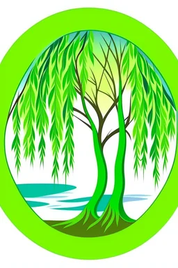 Colorful Logo of a pretty willow tree with long green hanging branches, standing outside a square window with an arch, emphasize the window and arch, serene tranquil background with a body of water.