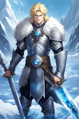 1 anime man. warrior, with blue eyes and blonde hair man in silver Viking armor with fur around the neck with blue crystal on his chest, standing in water in the artic, holding a ice sword and shield, warrior in, anime style