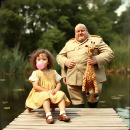 Nostalgic vintage color photograph of a preconscious girl with curly hair blowing a pink bubblegum bubble while sitting on a small dock of a summertime pond, standing behind her is a hugely fat man dressed in a beige US generals uniform with a cornhusk hat, General is holding a giraffe stuffed animal