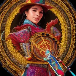 portrait,"Insanely detailed photograph of a spanish mariachi", highly intricate chainmail charo,colorful Sombrero,elegant, highly detailed D20, digital painting, artstation, concept art, smooth, sharp focus, illustration, art by artgerm and greg rutkowski and alphonse mucha, 8 k