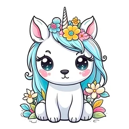 Generate a cute adorable unicorn illustration, resolution, cartoon-sticker style with clear lines on a pure white background suitable for a children's coloring book,flowers