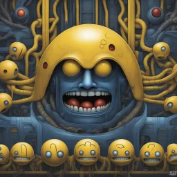 by Anton Semenov and Gerald Scarfe and H.R. Giger, surreal pac-man nightmare, Welcome to the Video Game, infinity stretch assembly line of Pac-man evil clones waiting to be activated, Bamco Poster art, color ink illustration, sharp focus, surreal concept art, yellow and Dark-blue color scheme, by Zdzislaw Beksinski