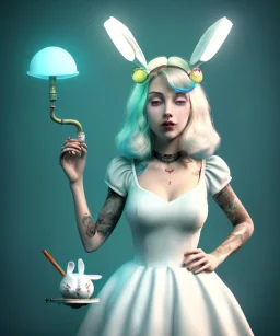 Ultra realistic portrait, wonderland, happy blonde Alice smoking a pipe, blue dress. elegant anthropomorphic white rabbit, circus dress style, old school tattoo, laughter, smoke, marijuana garden, mushroom lamps, glow eyes, perfect iris, soft color, highly detailed, unreal engine 5, ray tracing, RTX, lumen lighting, ultra detail, volumetric lighting, high definition.