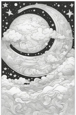 Stress Relief themed coloring page for adult, cartoon style, thick outline, No details, No shading, No colors, White Background, A cute celestial voyage through a galaxy of swirling stars and cosmic wonders.