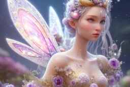 one very little beautiful fairy on a big crystal subtle flower in a galactic ambiance, transparent petals, delicate colors, in the foreground, full of details, smooth, bright sunshine，soft light atmosphere, light effect，vaporwave colorful, concept art, smooth, extremely sharp detail, finely tuned detail, ultra high definition, 8 k, unreal engine 5, ultra sharp focus