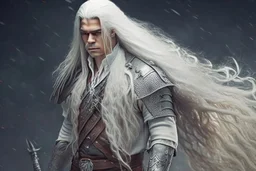 A white masculine human with long white hair. A Lot of Battle Scars. Full body. Blakc Military Outfit. HD