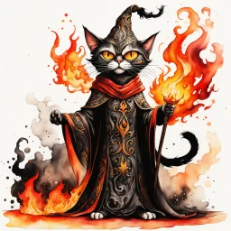 create an abstract ink wash and watercolor full body caricature of an aged, malevolent, ornately dressed , 14th century sorceress cat engulfed in fire ,highly detailed with refined feline features in the cartoon caricature style of Gerald Scarfe and Ralph Steadman precisely drawn, boldly inked, vividly colored, 4k