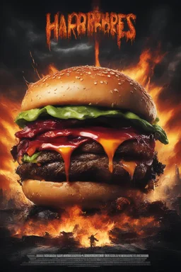 Movie Poster - a Giant, Slimy, Radioactive, Mutant Hamburger Patty, dripping puss and blood, extremely exaggerated muscles, fire, molten flowing lava, blackness, apocalyptic wasteland, burning buildings, explosions, multicolored lightning, horror, fright, fear, heavy metal music, hard rock music, Singing, dancing, vampires, werewolves, dark scary monsters, things that go bump in the night, photorealistic, -- ar 9:16 -- style raw,