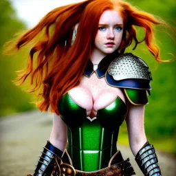 hyper realist, hyper detailed, stunningly beautiful teen girl, long ginger hair, green eyes, medium freckles, full lips, skimpy fantasy intricate leather armour, full body and head, c-cup breasts, aroused expression, biting lower lip, full frame, petite, centered camera, Sung hi lee