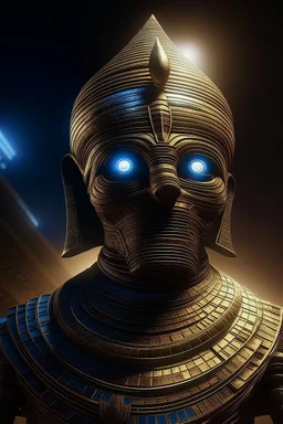 portrait of mummy robot, stars shining, Egyptians with the hair standing straight up in front of pyramid of Babel. 4 k, down light, depth of field, trending art, spray paint, high detail, fantasy art, alien connection, future tech