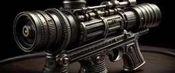 High-end state-of-the-art STEAMPUNK aesthetics flawless Thompson submachine gun DSLR Telephoto Submachine gun Camera,front view Highest quality telescopic Zeiss Zoom lens, supreme cinematic-quality photography,waltnut wood handle,Art Nouveau,Vintage style Octane Render 3D technology,hyperrealism photography,(UHD) high-quality cinematic render,Insanely detailed close-ups capturing beautiful complexity,Hyperdetailed,Intricate,8K,