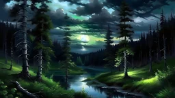 Νύχτα,δασος από ελατα στην ακρη ενός ποταμού, ζωγραφική, σύννεφα, dramatic light, dramatic scene
