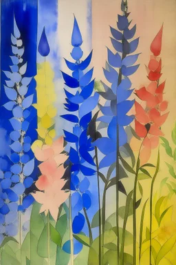Watercolour of delphiniums in the style of Paul Klee
