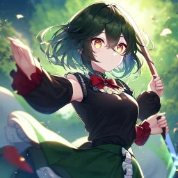 Clear focus, High resolution, Rough line, brown short hair with long locks fluffy, floating hair, glowing eyes, holding a sword, wearing a green leaf in her hair, wearing dark green skirt with a white line, wearing a red bow and a black sleevless shirt, cut frilled sleeve at top, sleeve have a ribbion at the end, wearing black fingerless gloves