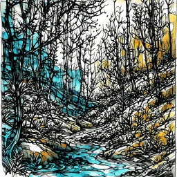 Perchance : Surreal, expressive nature sketch in a relaxed watercolor and ink style. Fast, shaky black ink contour lines with frequent breaks, intersections, and varying thickness. Watercolor washes of ochre, terracotta and powder blue are loosely applied, often deliberately misaligned with ink borders to create a sense of movement. Visible cold pressed paper texture and ample white space. Subject: forest detail, trees, undergrowth, stream with rocks, waterfall. Deep, atmospheric shadows in the