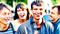 four happy people discussing health and wellness on a street, close up, bokeh