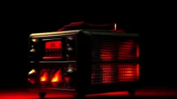 4k full detail realistic une radio prend feu. Fond noir. Couleurs rouge enfer. Lumineux