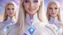 cosmic woman ,beautiful ufos rainbow, admiral from the future, galactic confédération, fine whole face, crystalline skin, expressive purple eyes,rainbow, smiling lips, very nice smile, costume pleiadian, Beautiful tall woman pleiadian Galactic commander, ship, perfect datailed golden galactic suit, high rank, long blond hair, hand whit five perfect detailed finger, amazing big puple eyes, mouth, high définition lips, cosmic happiness, bright colors